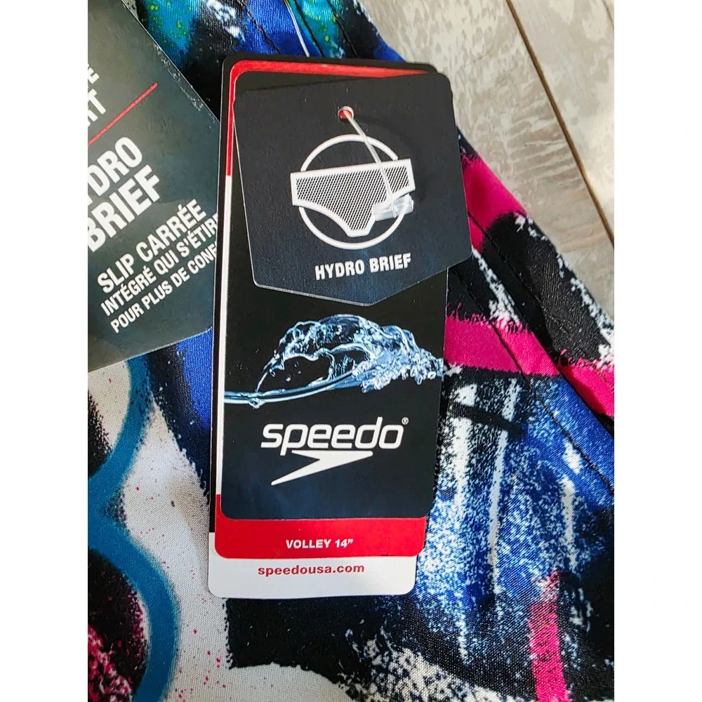 Speedo Mens‎ XL Volley Swim Trunks Purple Abstract Graffiti 4-Way Stretch NWT